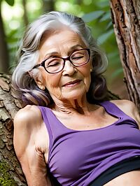 A 90 year old grandmother with purple tank top and black microskirt poses in forest clearing