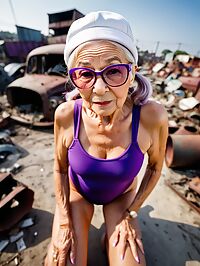 A grandmother with purple swimsuit and blonde pigtails poses in scrapyard