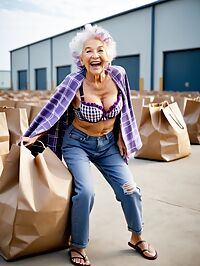 An elderly grandmother in plaid bra poses outside a fun filled warehouse
